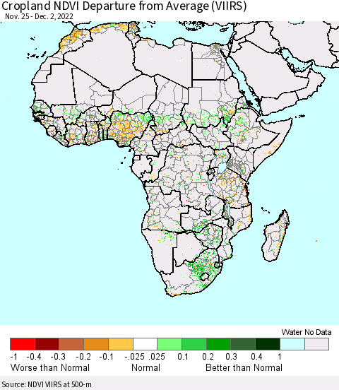 Africa Cropland NDVI Departure from Average (VIIRS) Thematic Map For 11/25/2022 - 12/2/2022