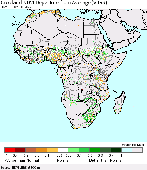 Africa Cropland NDVI Departure from Average (VIIRS) Thematic Map For 12/1/2022 - 12/10/2022