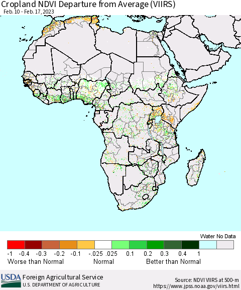 Africa Cropland NDVI Departure from Average (VIIRS) Thematic Map For 2/11/2023 - 2/20/2023