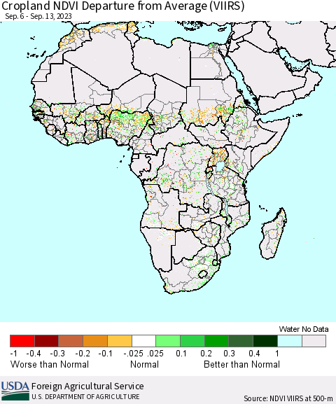 Africa Cropland NDVI Departure from Average (VIIRS) Thematic Map For 9/11/2023 - 9/20/2023
