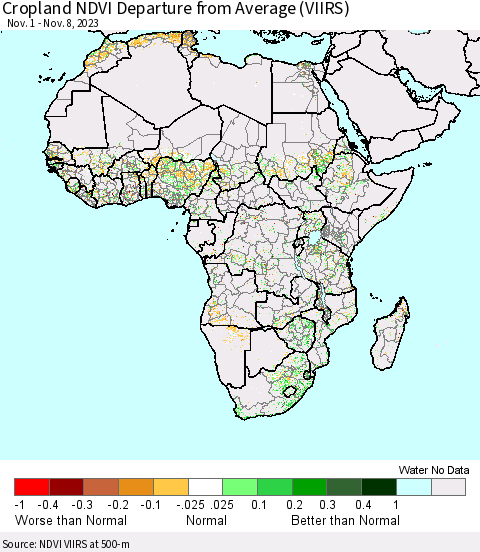 Africa Cropland NDVI Departure from Average (VIIRS) Thematic Map For 11/1/2023 - 11/8/2023