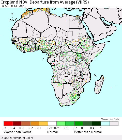 Africa Cropland NDVI Departure from Average (VIIRS) Thematic Map For 1/1/2024 - 1/8/2024