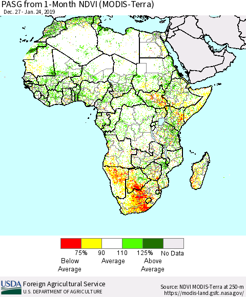 Africa PASG from 1-Month NDVI (Terra-MODIS) Thematic Map For 1/21/2019 - 1/31/2019