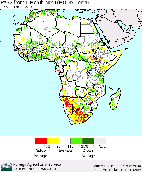 Africa PASG from 1-Month NDVI (Terra-MODIS) Thematic Map For 2/11/2019 - 2/20/2019