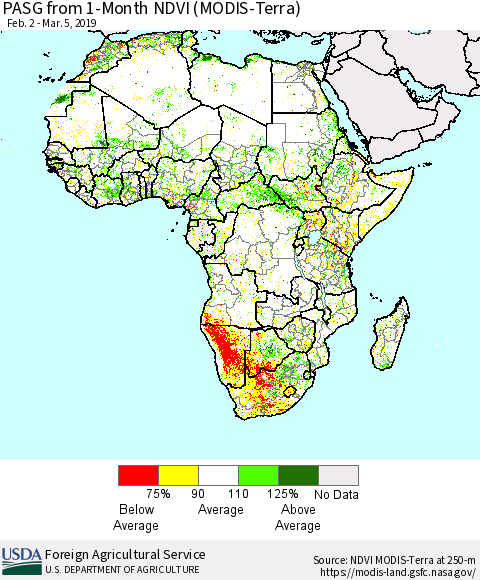 Africa PASG from 1-Month NDVI (Terra-MODIS) Thematic Map For 3/1/2019 - 3/10/2019
