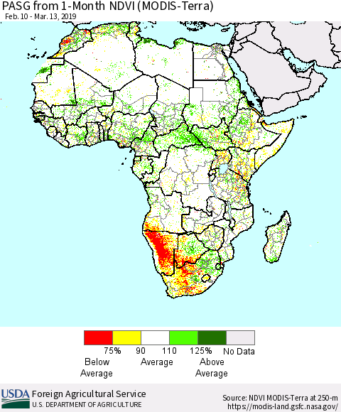 Africa PASG from 1-Month NDVI (Terra-MODIS) Thematic Map For 3/11/2019 - 3/20/2019