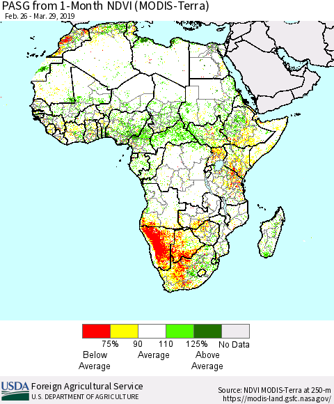Africa PASG from 1-Month NDVI (Terra-MODIS) Thematic Map For 3/21/2019 - 3/31/2019