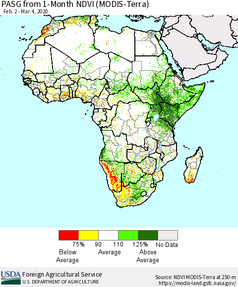 Africa PASG from 1-Month NDVI (Terra-MODIS) Thematic Map For 3/1/2020 - 3/10/2020