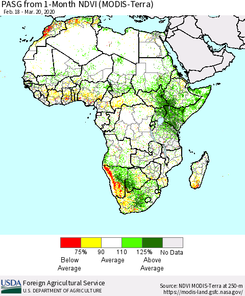 Africa PASG from 1-Month NDVI (Terra-MODIS) Thematic Map For 3/11/2020 - 3/20/2020