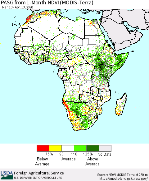 Africa PASG from 1-Month NDVI (Terra-MODIS) Thematic Map For 4/11/2020 - 4/20/2020