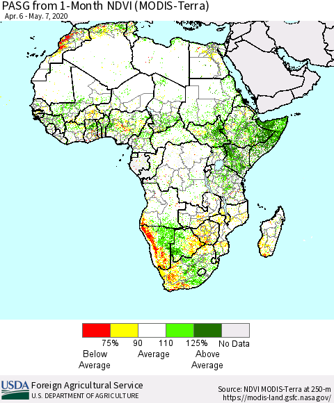 Africa PASG from 1-Month NDVI (Terra-MODIS) Thematic Map For 5/1/2020 - 5/10/2020