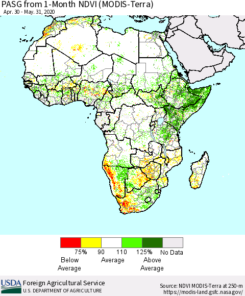 Africa PASG from 1-Month NDVI (Terra-MODIS) Thematic Map For 5/21/2020 - 5/31/2020