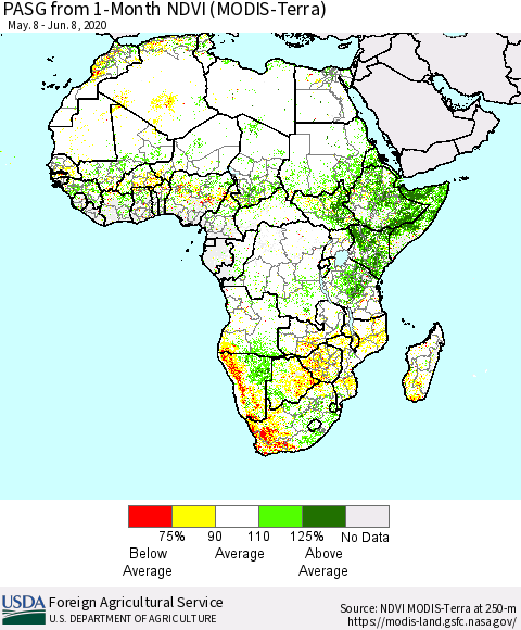 Africa PASG from 1-Month NDVI (Terra-MODIS) Thematic Map For 6/1/2020 - 6/10/2020