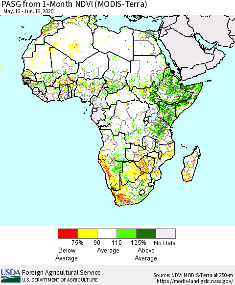 Africa PASG from 1-Month NDVI (Terra-MODIS) Thematic Map For 6/11/2020 - 6/20/2020