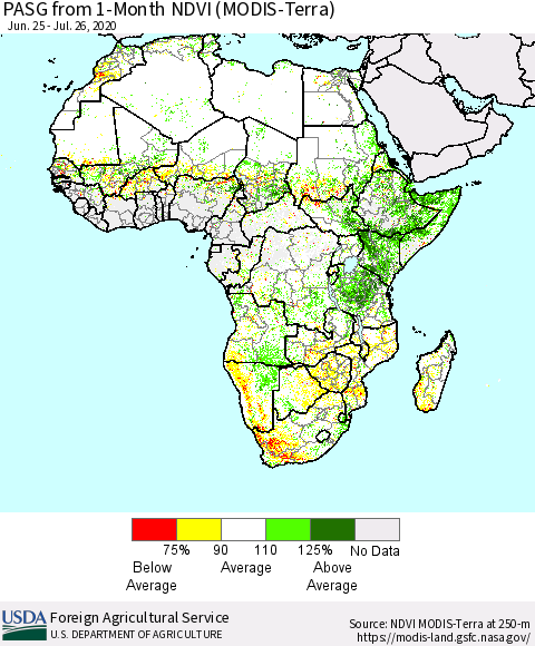 Africa PASG from 1-Month NDVI (Terra-MODIS) Thematic Map For 7/21/2020 - 7/31/2020