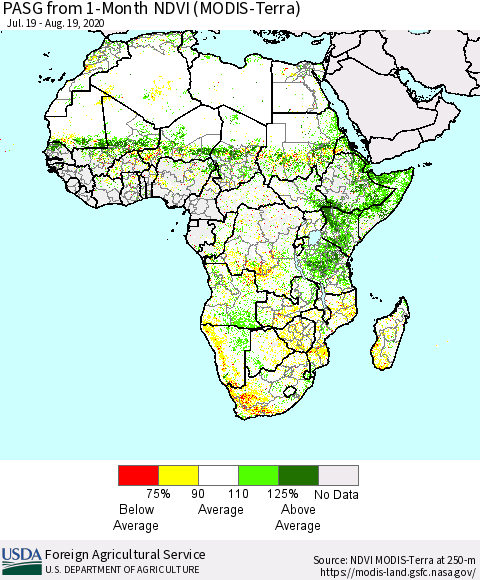 Africa PASG from 1-Month NDVI (Terra-MODIS) Thematic Map For 8/11/2020 - 8/20/2020