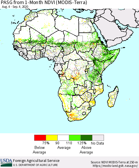 Africa PASG from 1-Month NDVI (Terra-MODIS) Thematic Map For 9/1/2020 - 9/10/2020
