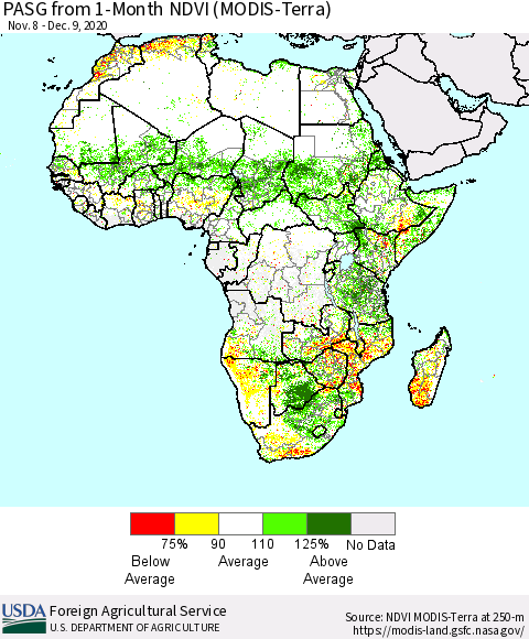Africa PASG from 1-Month NDVI (Terra-MODIS) Thematic Map For 12/1/2020 - 12/10/2020