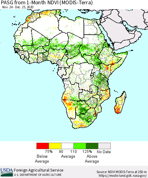 Africa PASG from 1-Month NDVI (Terra-MODIS) Thematic Map For 12/21/2020 - 12/31/2020