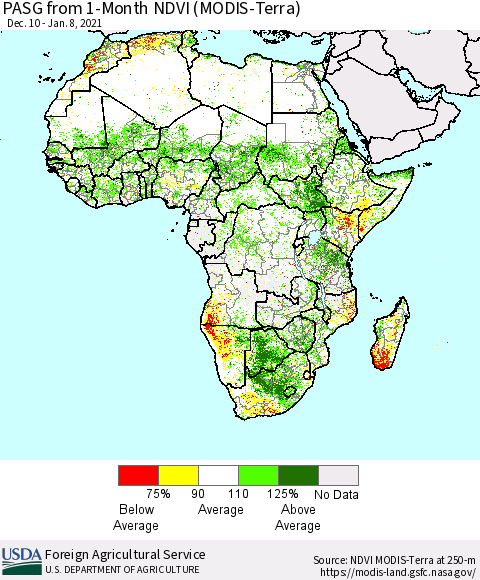 Africa PASG from 1-Month NDVI (Terra-MODIS) Thematic Map For 1/1/2021 - 1/10/2021