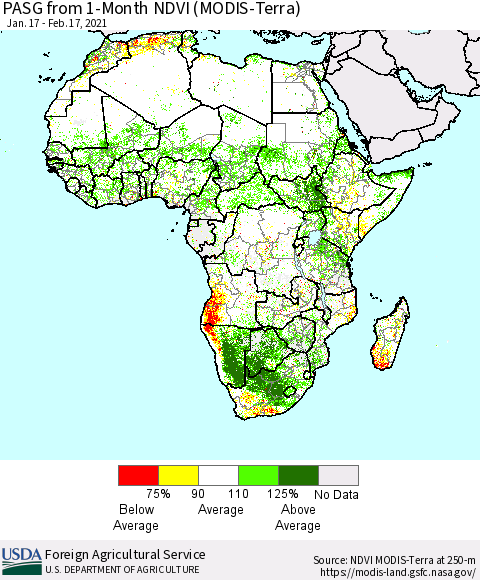Africa PASG from 1-Month NDVI (Terra-MODIS) Thematic Map For 2/11/2021 - 2/20/2021