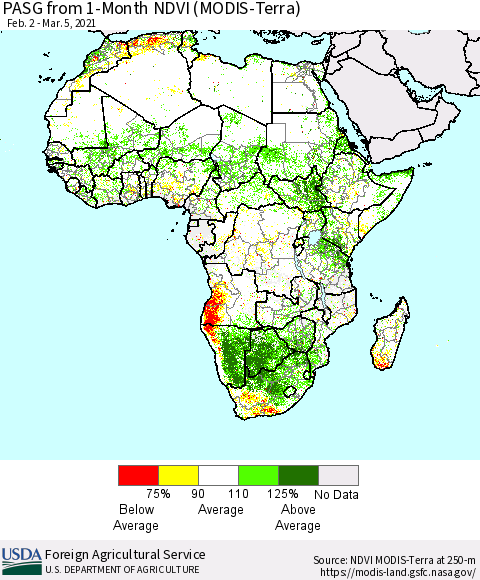 Africa PASG from 1-Month NDVI (Terra-MODIS) Thematic Map For 3/1/2021 - 3/10/2021