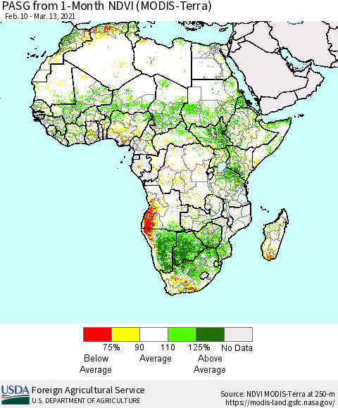 Africa PASG from 1-Month NDVI (Terra-MODIS) Thematic Map For 3/11/2021 - 3/20/2021