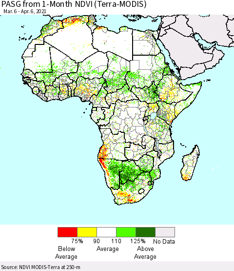 Africa PASG from 1-Month NDVI (Terra-MODIS) Thematic Map For 3/30/2021 - 4/6/2021