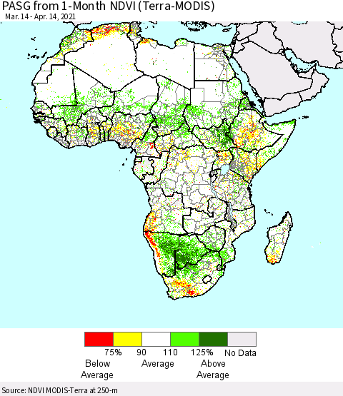 Africa PASG from 1-Month NDVI (Terra-MODIS) Thematic Map For 4/7/2021 - 4/14/2021
