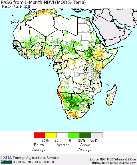Africa PASG from 1-Month NDVI (Terra-MODIS) Thematic Map For 4/11/2021 - 4/20/2021