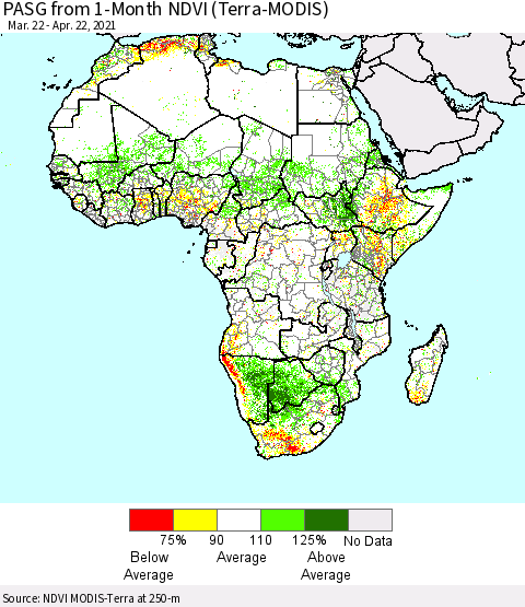 Africa PASG from 1-Month NDVI (Terra-MODIS) Thematic Map For 4/15/2021 - 4/22/2021