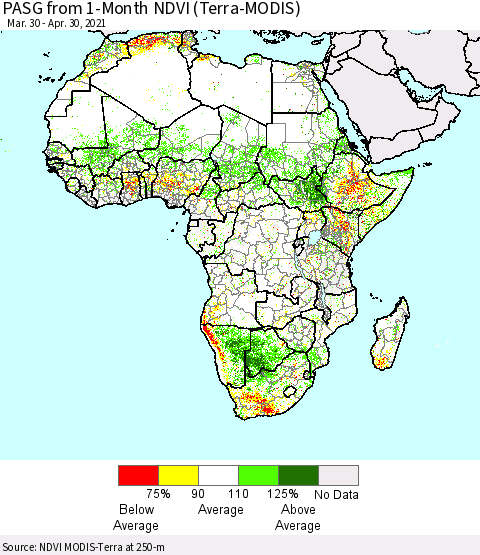 Africa PASG from 1-Month NDVI (Terra-MODIS) Thematic Map For 4/23/2021 - 4/30/2021