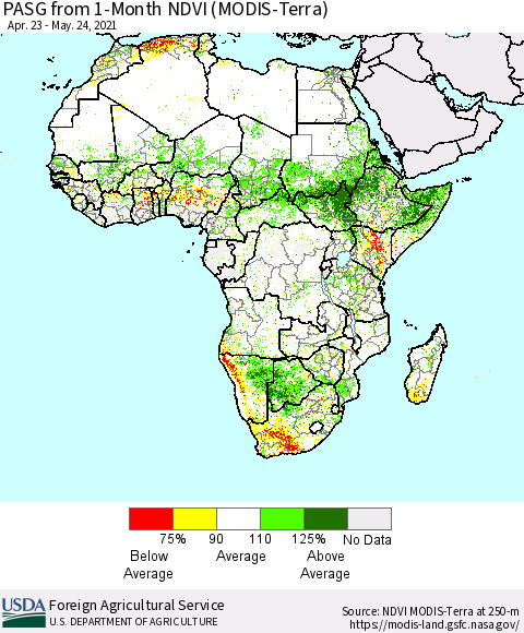 Africa PASG from 1-Month NDVI (Terra-MODIS) Thematic Map For 5/21/2021 - 5/31/2021