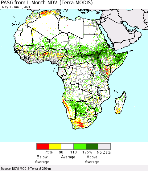 Africa PASG from 1-Month NDVI (Terra-MODIS) Thematic Map For 5/25/2021 - 6/1/2021