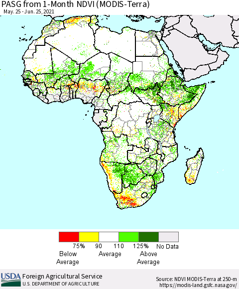 Africa PASG from 1-Month NDVI (Terra-MODIS) Thematic Map For 6/21/2021 - 6/30/2021