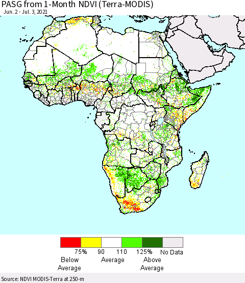Africa PASG from 1-Month NDVI (Terra-MODIS) Thematic Map For 6/26/2021 - 7/3/2021