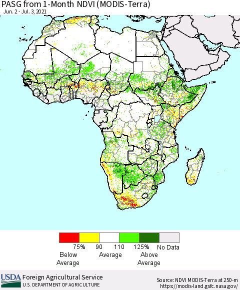 Africa PASG from 1-Month NDVI (Terra-MODIS) Thematic Map For 7/1/2021 - 7/10/2021