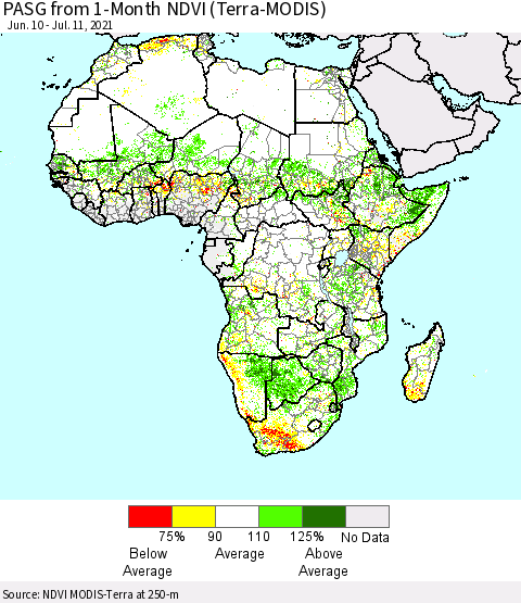 Africa PASG from 1-Month NDVI (Terra-MODIS) Thematic Map For 7/4/2021 - 7/11/2021