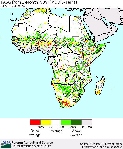 Africa PASG from 1-Month NDVI (Terra-MODIS) Thematic Map For 7/11/2021 - 7/20/2021