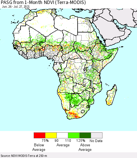Africa PASG from 1-Month NDVI (Terra-MODIS) Thematic Map For 7/20/2021 - 7/27/2021