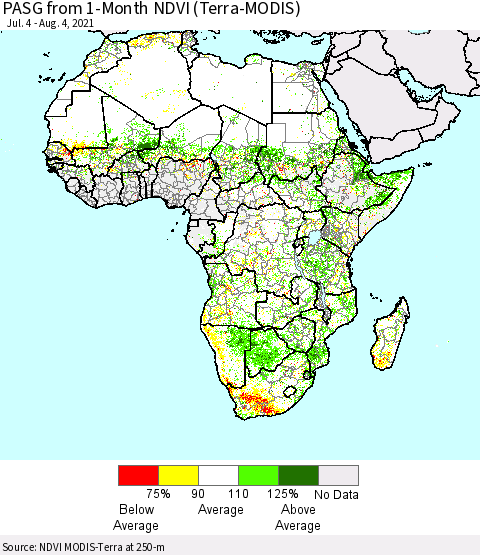Africa PASG from 1-Month NDVI (Terra-MODIS) Thematic Map For 7/28/2021 - 8/4/2021