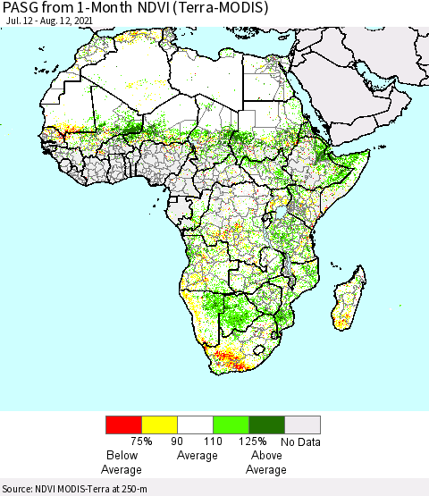 Africa PASG from 1-Month NDVI (Terra-MODIS) Thematic Map For 8/5/2021 - 8/12/2021