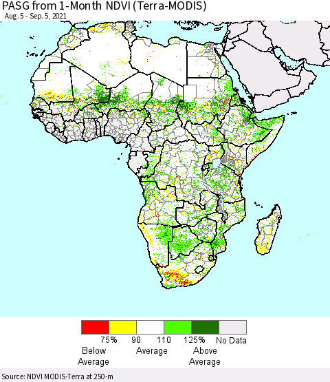Africa PASG from 1-Month NDVI (Terra-MODIS) Thematic Map For 8/29/2021 - 9/5/2021