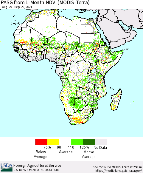Africa PASG from 1-Month NDVI (Terra-MODIS) Thematic Map For 9/21/2021 - 9/30/2021
