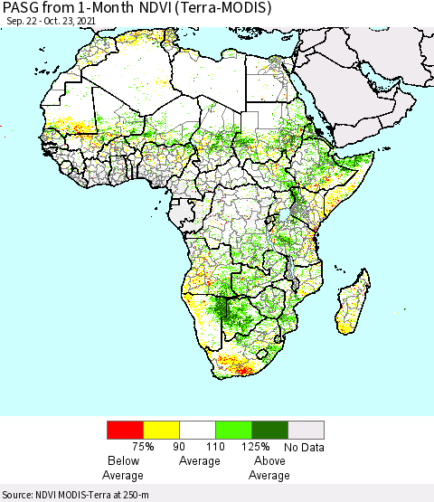 Africa PASG from 1-Month NDVI (Terra-MODIS) Thematic Map For 10/16/2021 - 10/23/2021