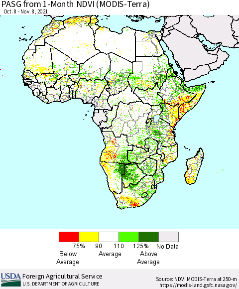 Africa PASG from 1-Month NDVI (Terra-MODIS) Thematic Map For 11/1/2021 - 11/10/2021
