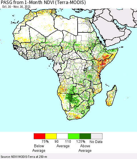 Africa PASG from 1-Month NDVI (Terra-MODIS) Thematic Map For 11/9/2021 - 11/16/2021