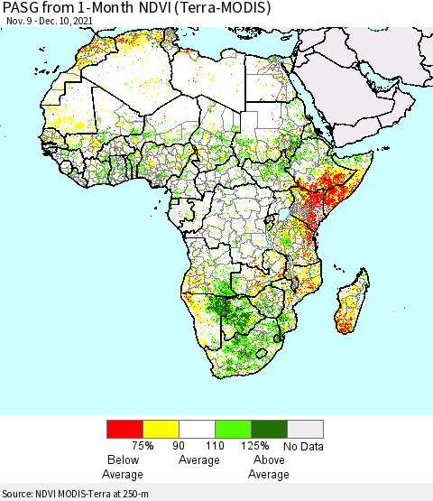 Africa PASG from 1-Month NDVI (Terra-MODIS) Thematic Map For 12/1/2021 - 12/10/2021