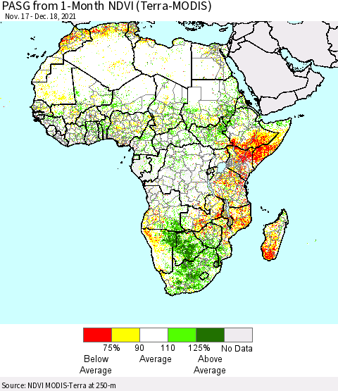 Africa PASG from 1-Month NDVI (Terra-MODIS) Thematic Map For 12/11/2021 - 12/18/2021