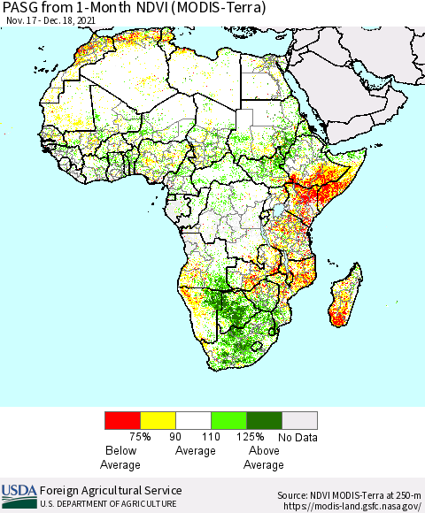Africa PASG from 1-Month NDVI (Terra-MODIS) Thematic Map For 12/11/2021 - 12/20/2021